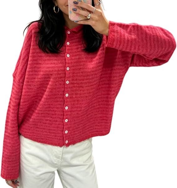 Red Button-Up Cardigan Sweater obraz 3