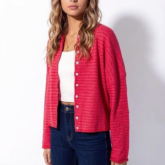 Red Button-Up Cardigan Sweater obraz 2