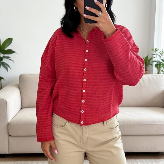 Red Button-Up Cardigan Sweater obraz 4