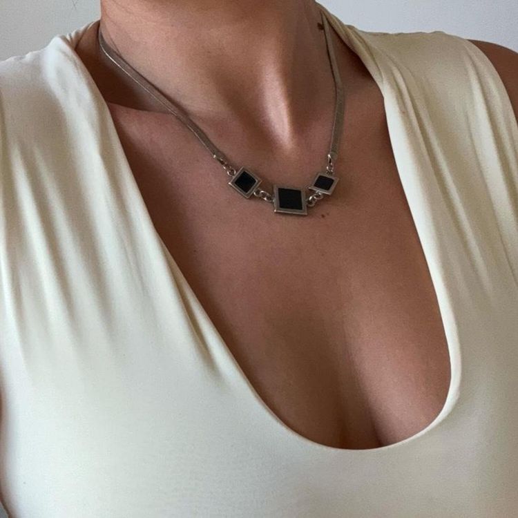 Silver black square pendant necklace 🤍 image 3