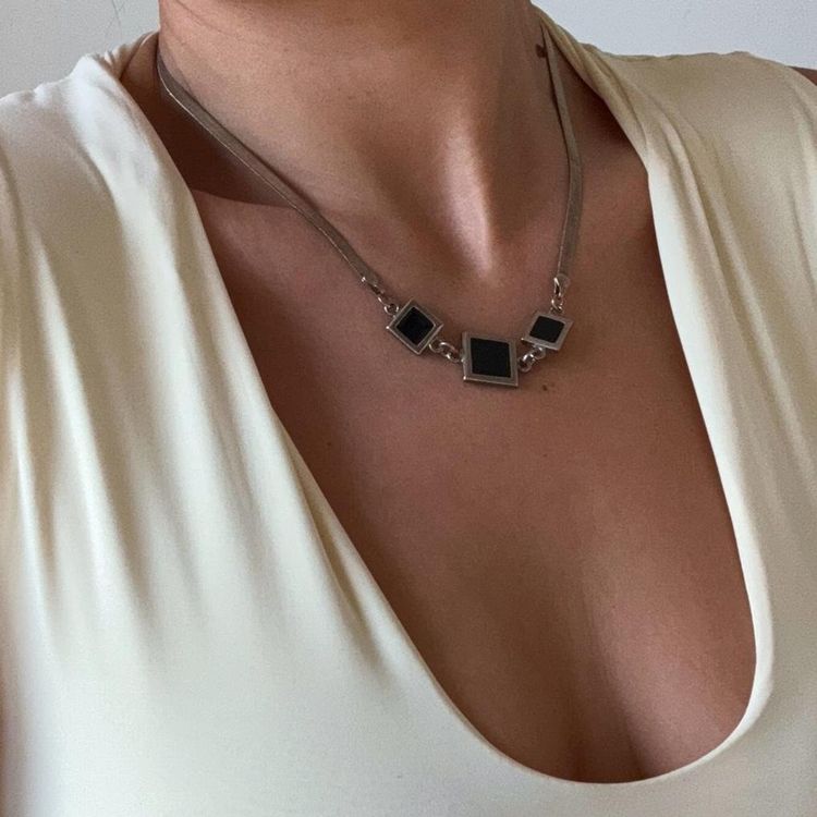Silver black square pendant necklace 🤍 image 2