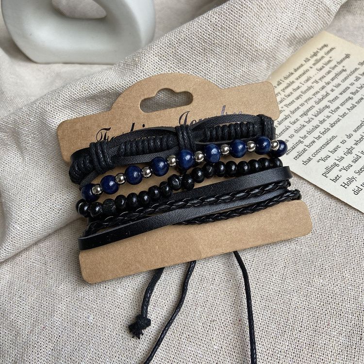 Immagine di Set Of Black And Blue Beaded And Leather Bracelets 3