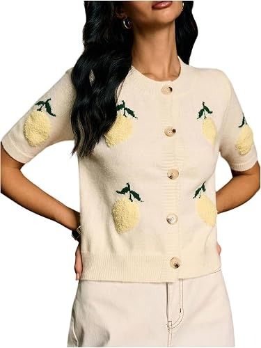 Cream Cream Short Sleeve Cardigan With Lemon Pattern product image