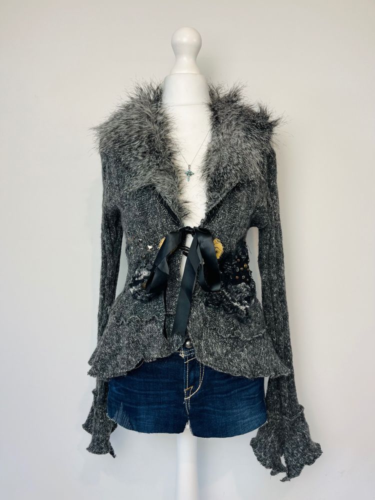 grey archive whimsygoth cardigan with faux fur collar