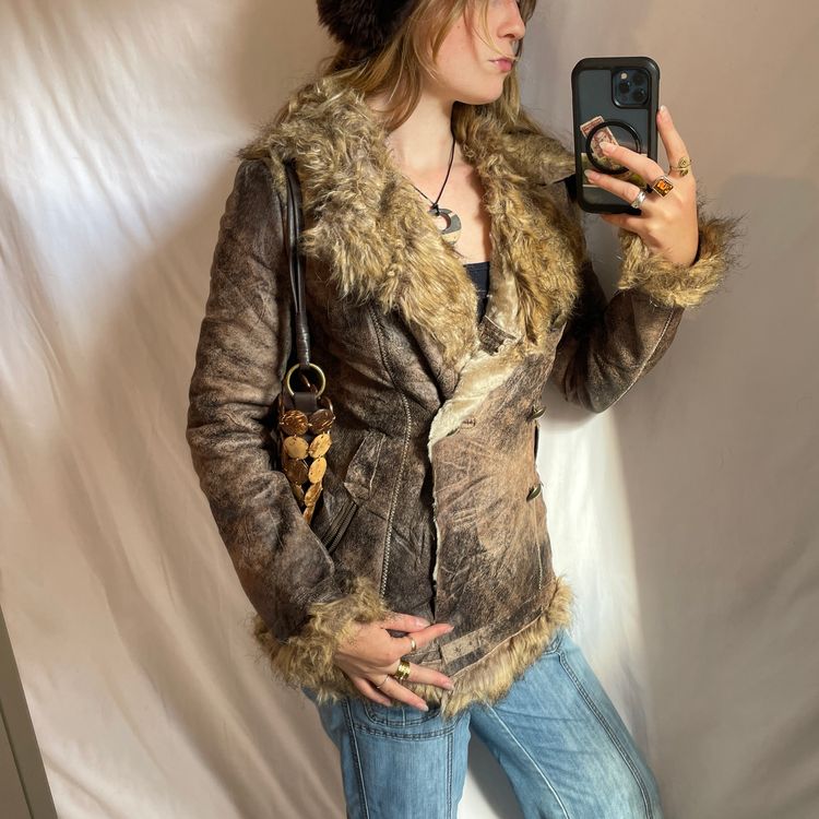 Gorgeous Y2K Brown Real Tree Faux Suede & Fur Trim Jacket imagen 2