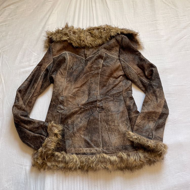 Gorgeous Y2K Brown Real Tree Faux Suede & Fur Trim Jacket imagen 4
