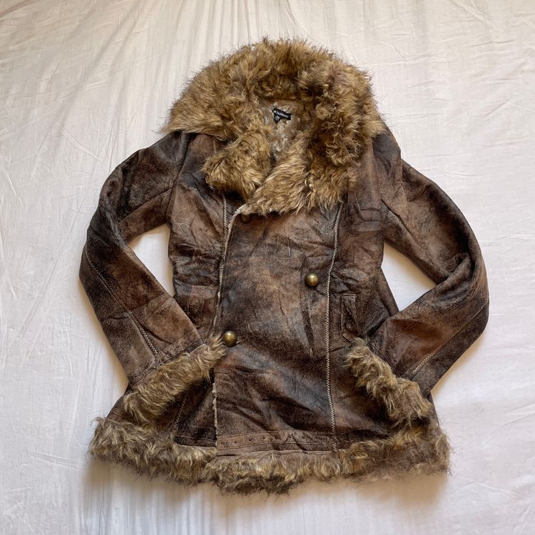 Gorgeous Y2K Brown Real Tree Faux Suede & Fur Trim Jacket imagen 3