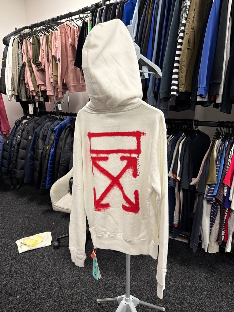 Off- White Hoodie With Red Graphic Print