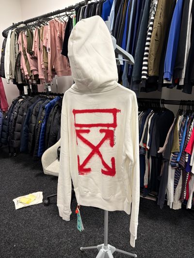 Off- White Hoodie With Red Graphic Print