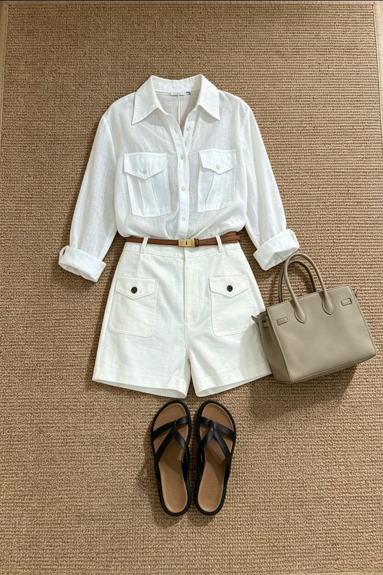 Equipment White Long Sleeve Shirt And White Shorts Outfit With Brown Belt And Beige Handbag product image