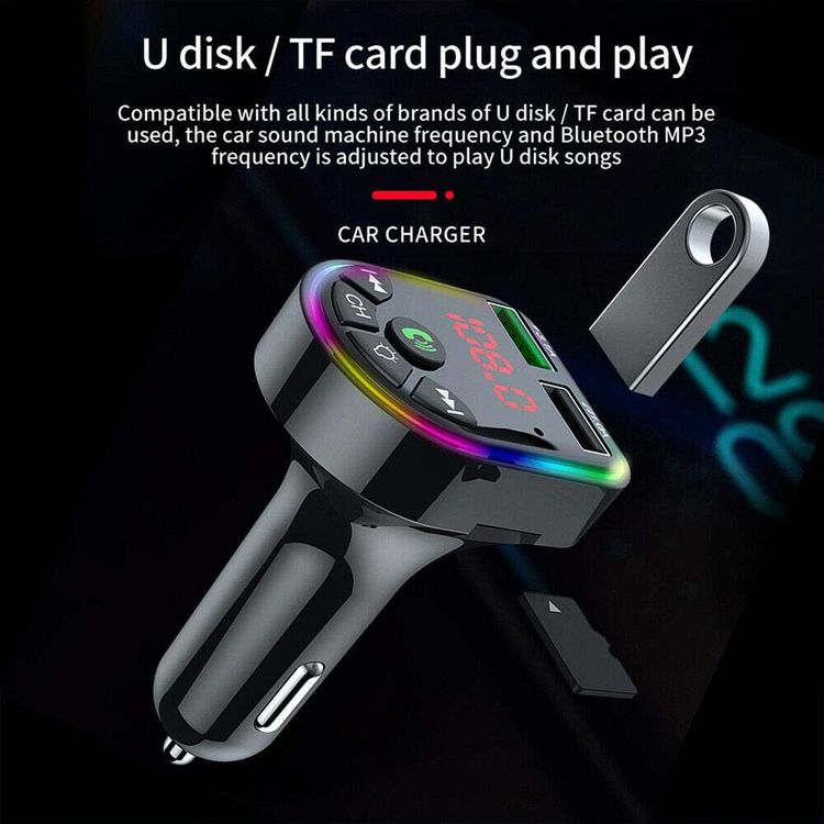 Bluetooth Car FM Transmitter 15W Fast Charger with 60° Adjustable Head | Dual USB + Type-C Output, Hands-Free Calling & RGB Atmosphere Light (TT6115) 5