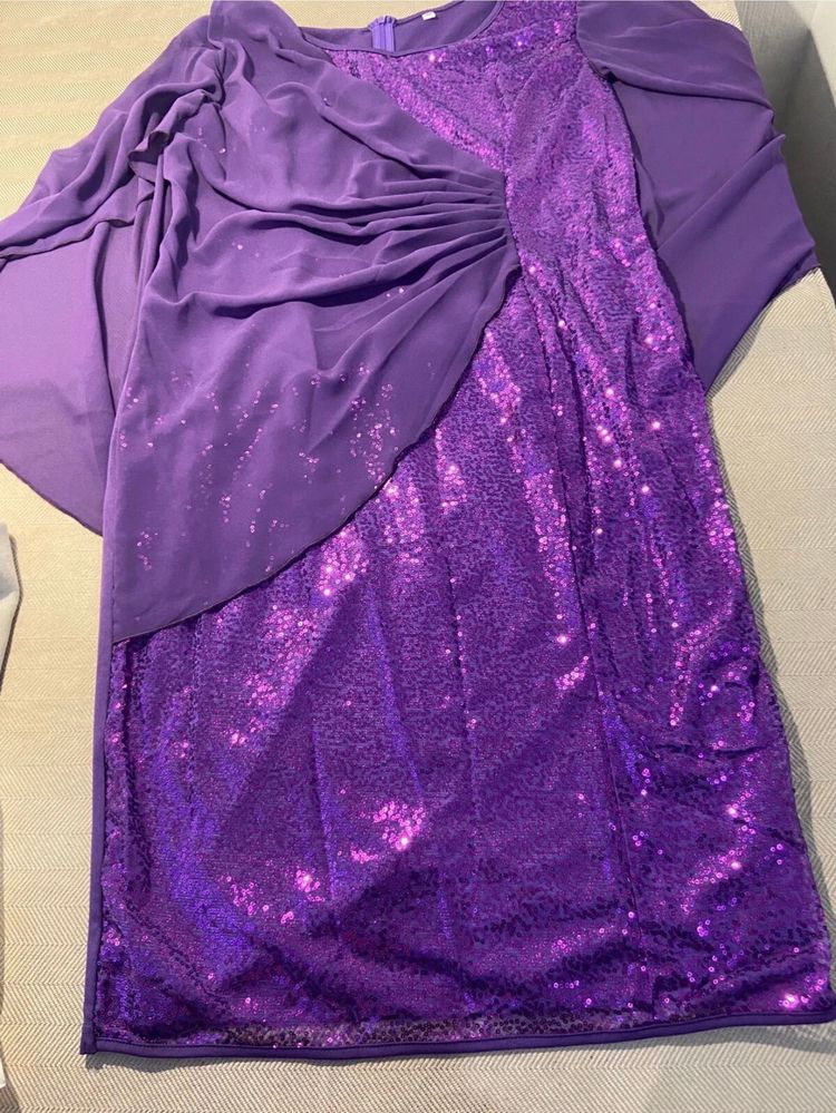 Purple Sequin Dress With Draped Chiffon Overlay XL