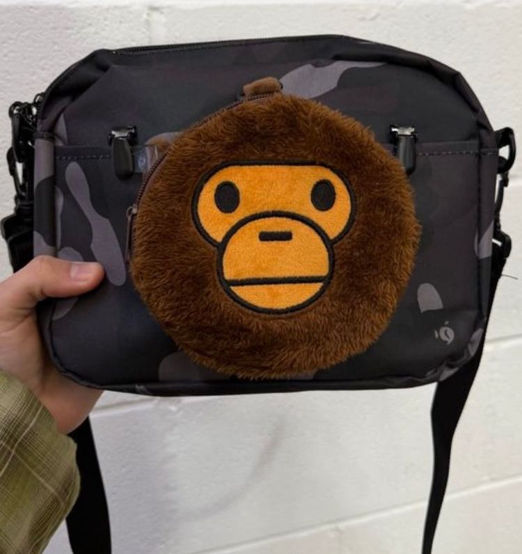 Black Camo Crossbody Bag With Plush Monkey Face Pouch image 1