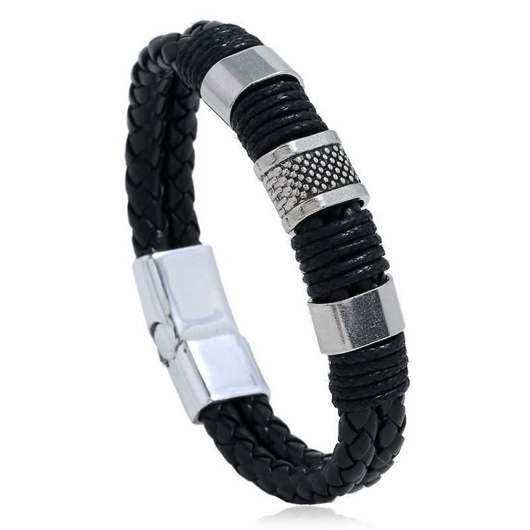 Black Braided Leather Bracelet With Silver Accents image 1