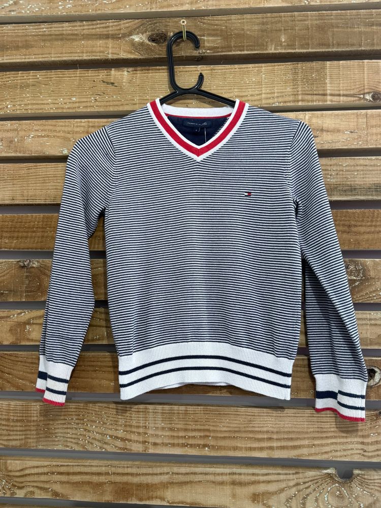 Vintage 90s Tommy Hilfiger V neck cotton jumper/ sweater. Blue and white stripe. Size 4-6. image 1