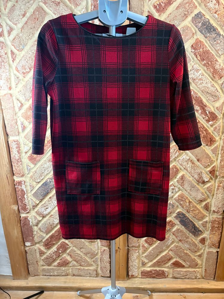 Primark Size 10 Red Black Tartan Check Shift Mini Dress Pockets 3/4 Sleeve grunge Xmas rock chic