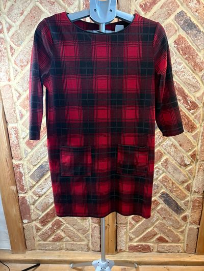 Primark Size 10 Red Black Tartan Check Shift Mini Dress Pockets 3/4 Sleeve grunge Xmas rock chic