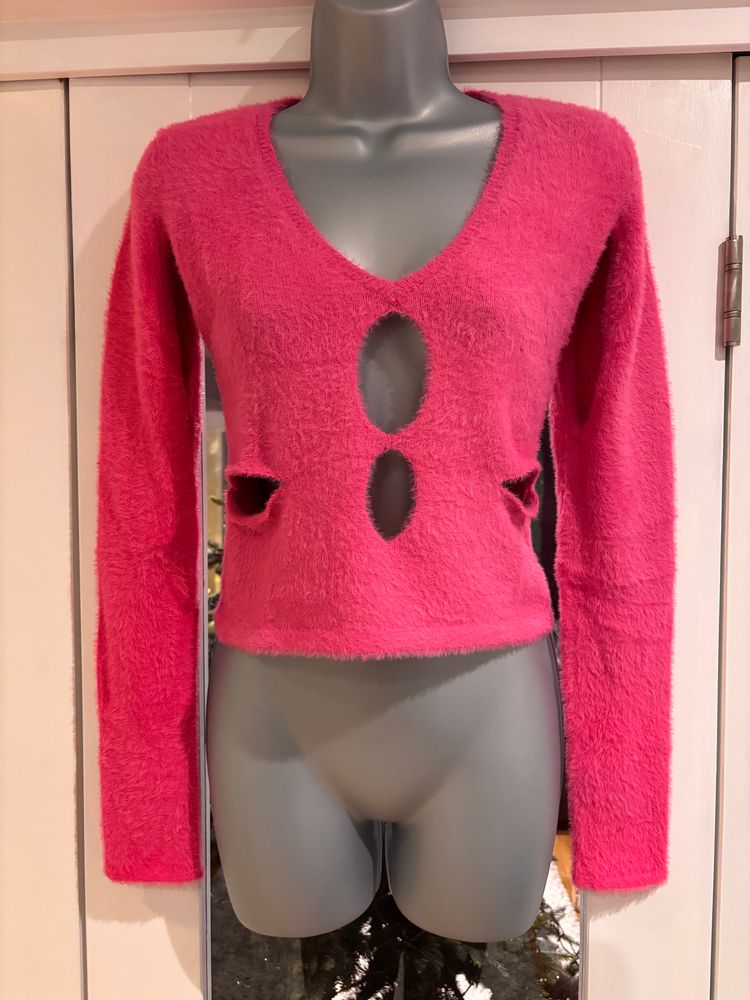 Pink Fuzzy Long Sleeve Top With Cutouts