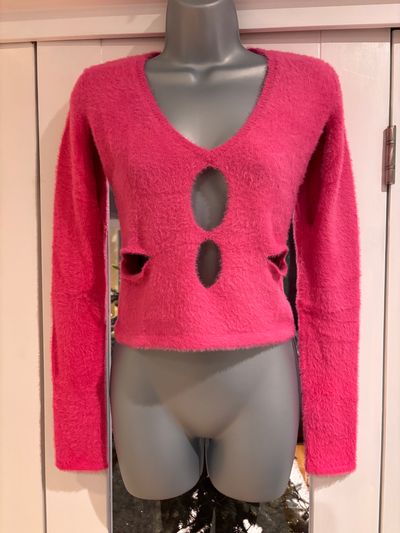 Pink Fuzzy Long Sleeve Top With Cutouts