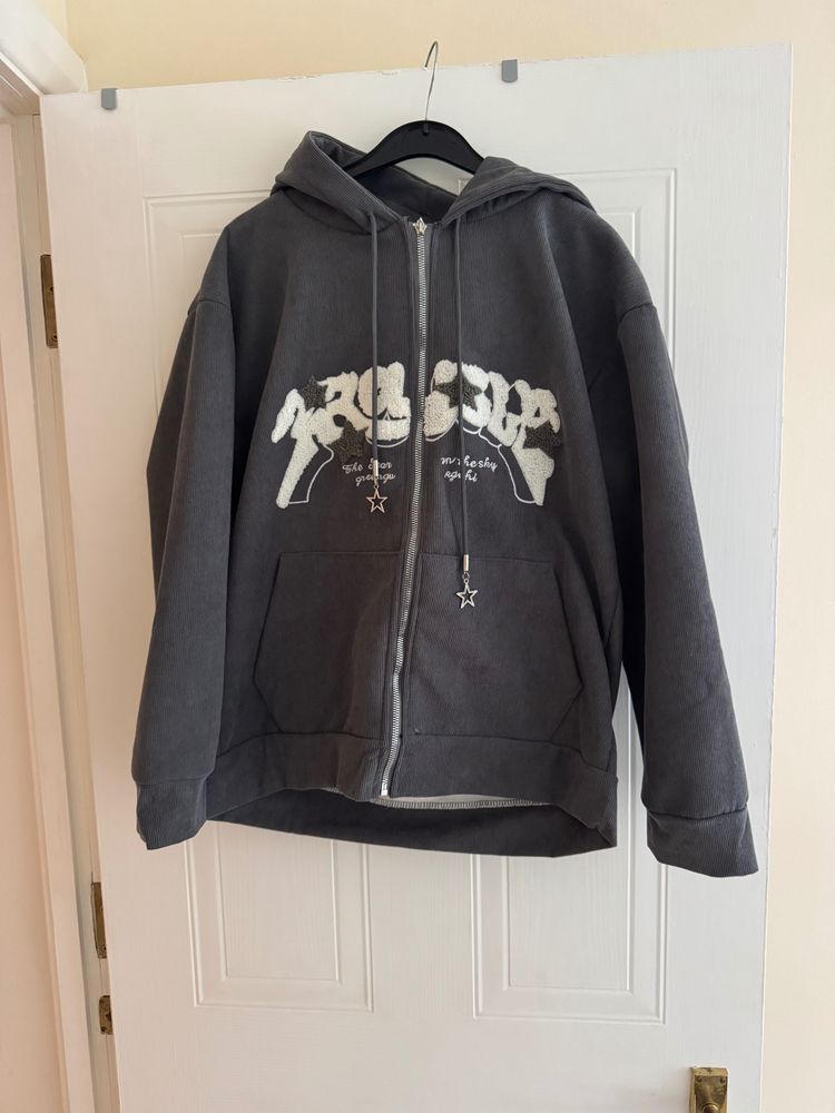 Grey Zip-Up Hoodie With Front Pockets And Star Charms