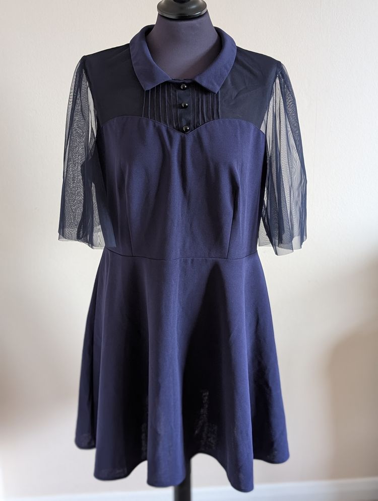 Navy Blue Dress With Mesh Sleeves And Collar