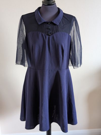 Navy Blue Dress With Mesh Sleeves And Collar