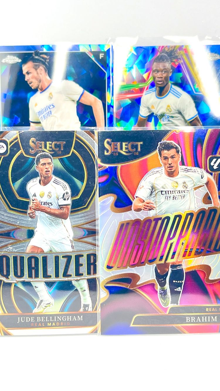 Lote 4 cartas - Real Madrid - Bale Sapphire + Camavinga Sapphire + Bellingham Select Equalizers + Brahim Unstoppable Silver Select