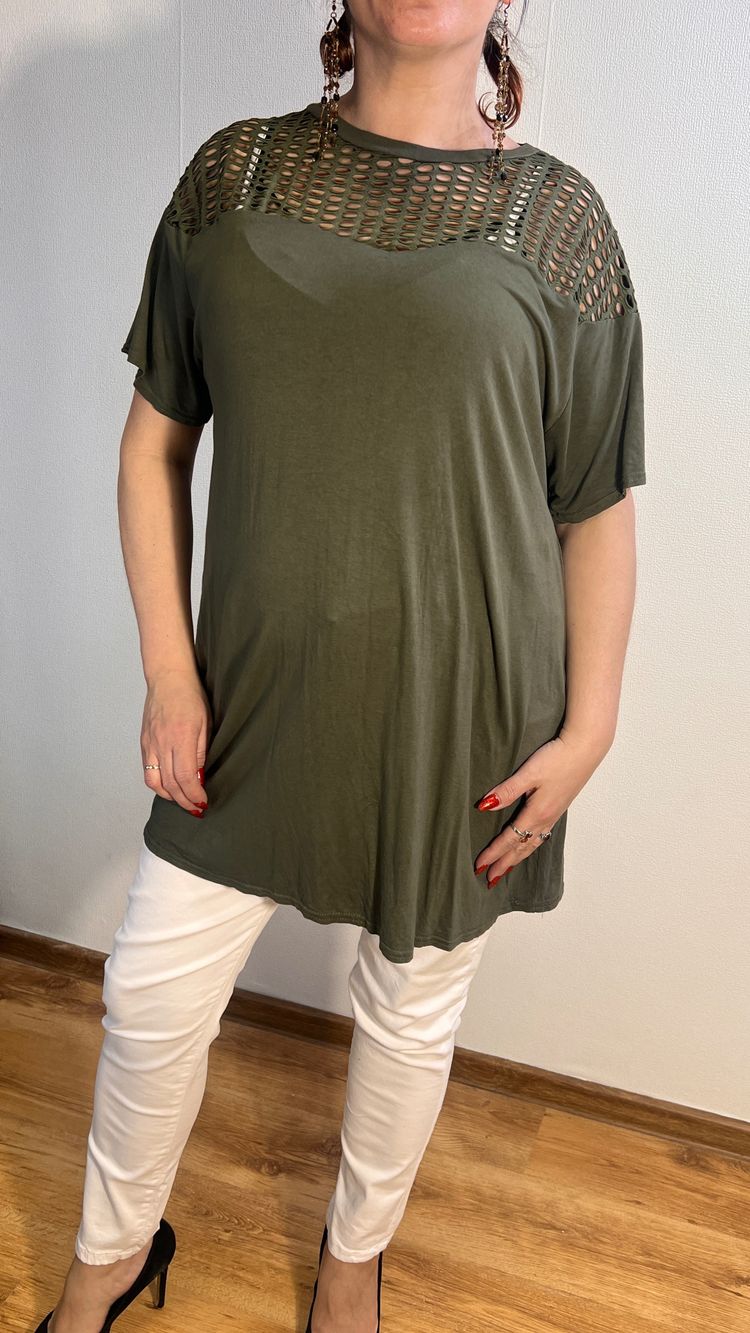 Olive Green Short Sleeve Tunic Top With Mesh Yoke  Bluzka khaki ażurowa Yours r.50 Plus Size imagen 5