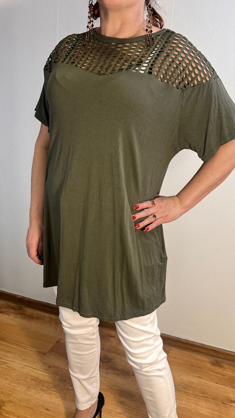 Olive Green Short Sleeve Tunic Top With Mesh Yoke  Bluzka khaki ażurowa Yours r.50 Plus Size imagen 4