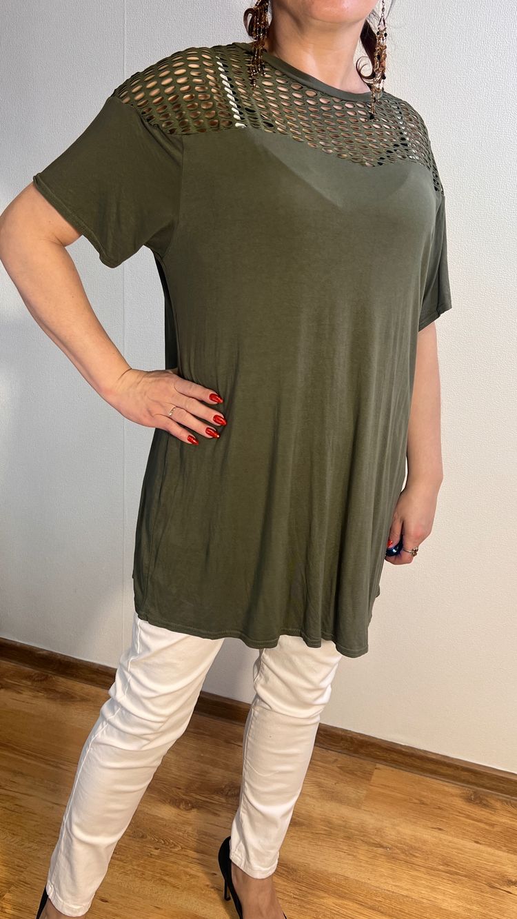 Olive Green Short Sleeve Tunic Top With Mesh Yoke  Bluzka khaki ażurowa Yours r.50 Plus Size imagen 2