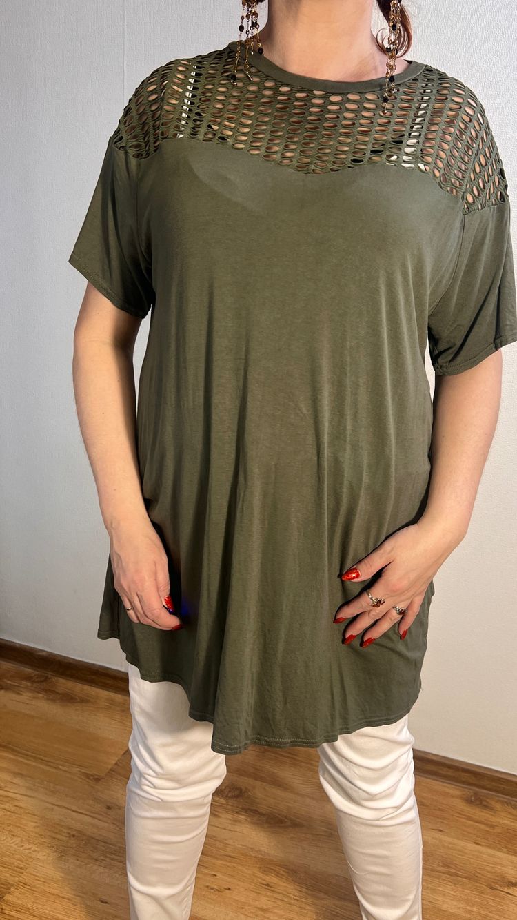 Olive Green Short Sleeve Tunic Top With Mesh Yoke  Bluzka khaki ażurowa Yours r.50 Plus Size imagen 6