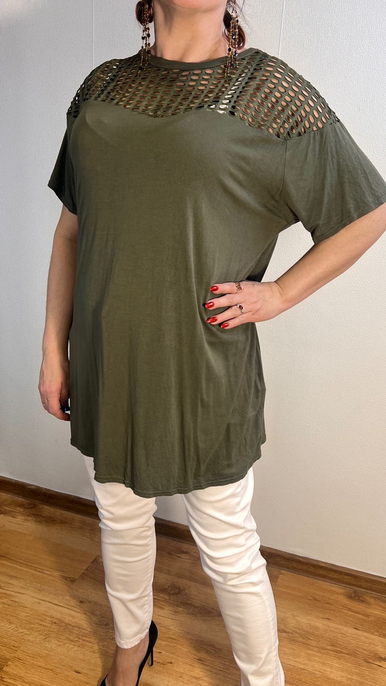 Olive Green Short Sleeve Tunic Top With Mesh Yoke Bluzka khaki ażurowa Yours r.50 Plus Size
