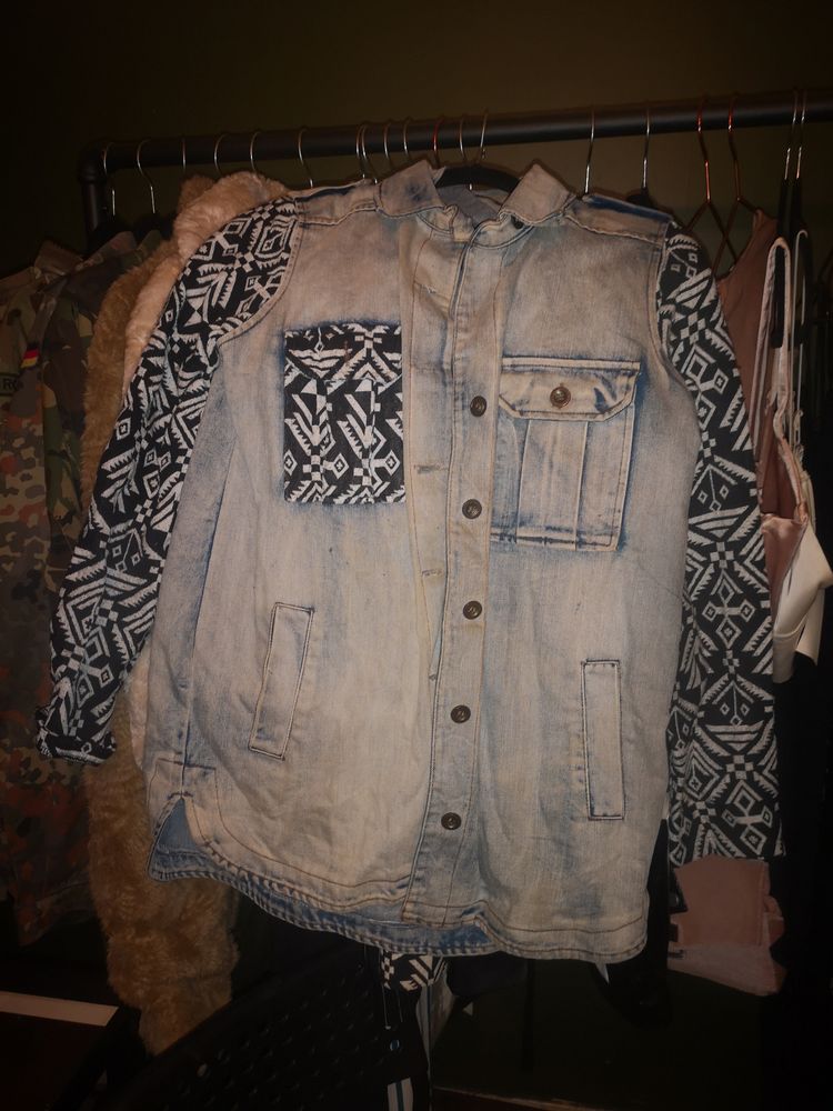 Denim Jacket With Patterned Sleeves