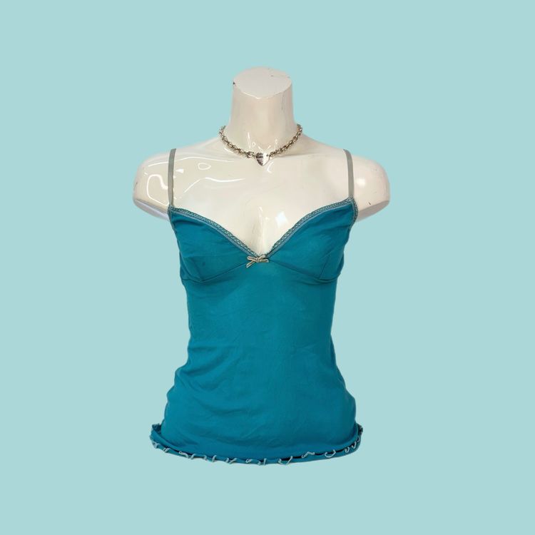 Blue Camisole Top With Grey Straps And Bow Detail