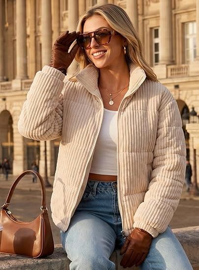 Beige Corduroy Puffer Jacket image 1