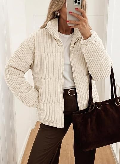 Beige Corduroy Puffer Jacket image 4