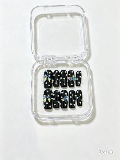 Black Press-On Nails With Butterfly And Pearl Design