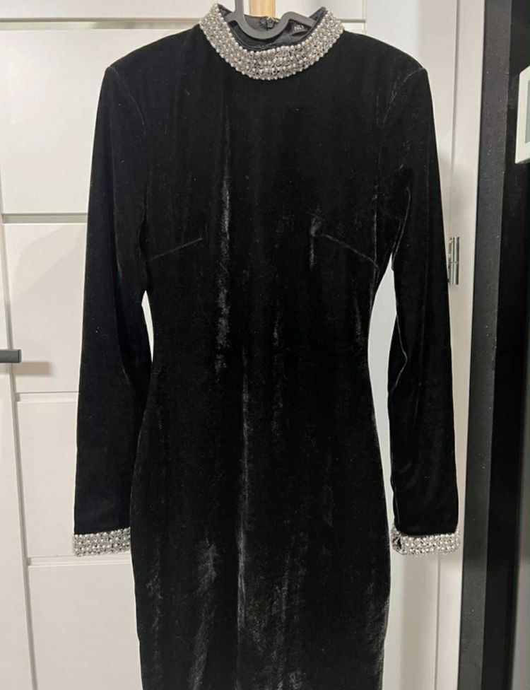 Velvet Black Velvet Dress With Pearl Embellished Collar And Cuffs product image