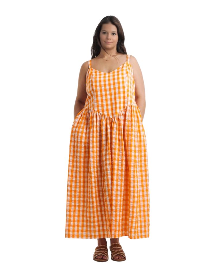 Women's Gingham Waist Detail Midi Dress In Orange 4
