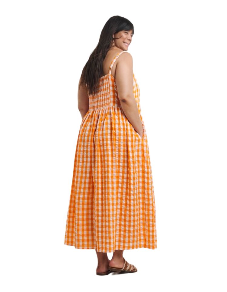 Women's Gingham Waist Detail Midi Dress In Orange 2