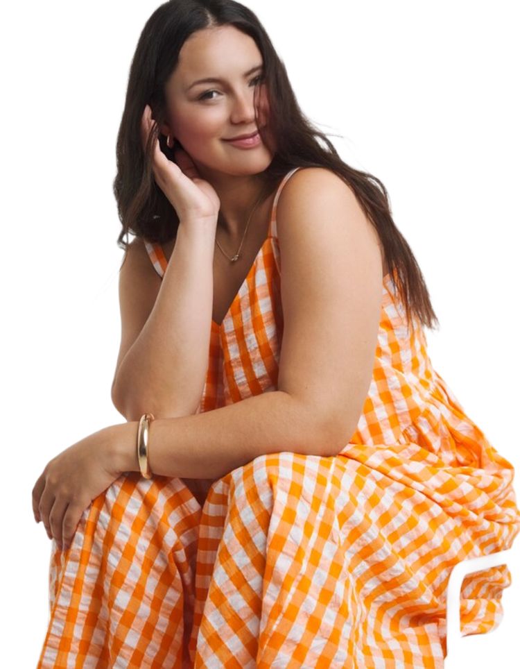 Women's Gingham Waist Detail Midi Dress In Orange 1