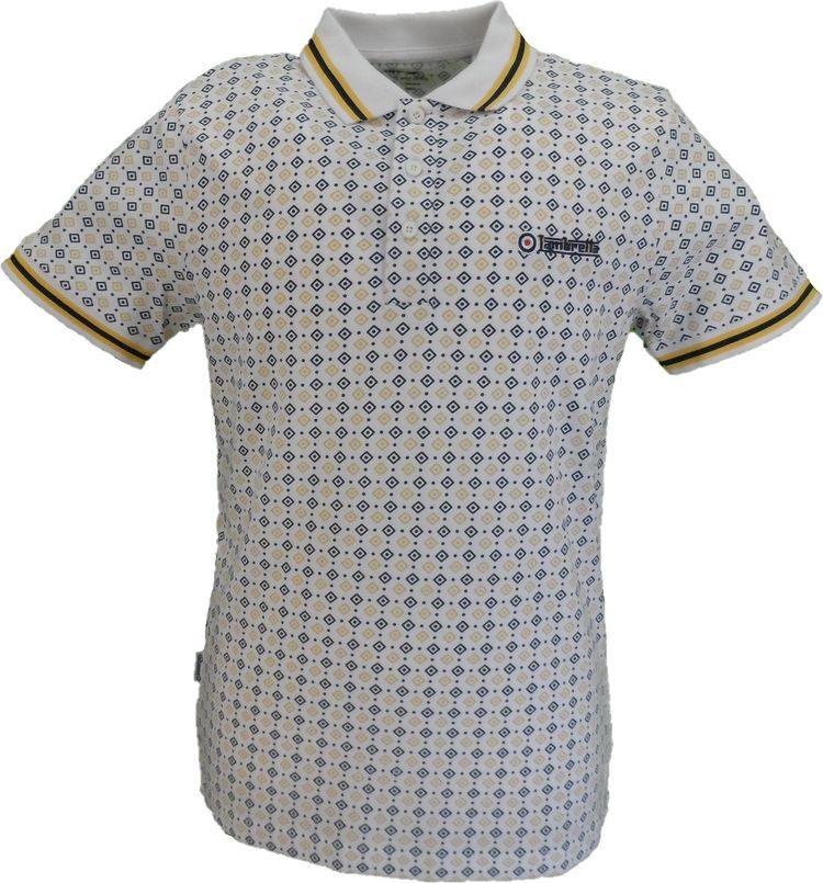 Lambretta Mens White Geometric Print Cotton Polo Shirts 1