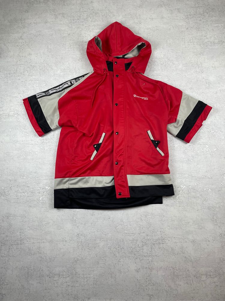 Champion Red Hooded Jacket With Short Sleeves