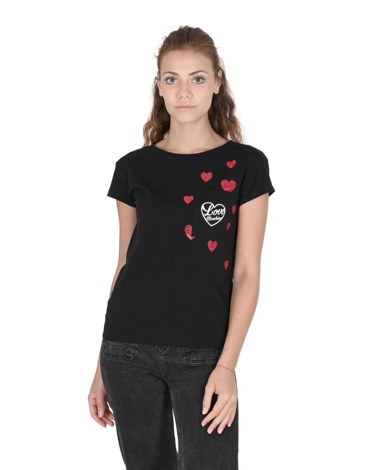 Love Moschino Black T-Shirt With Red Hearts And White Text 