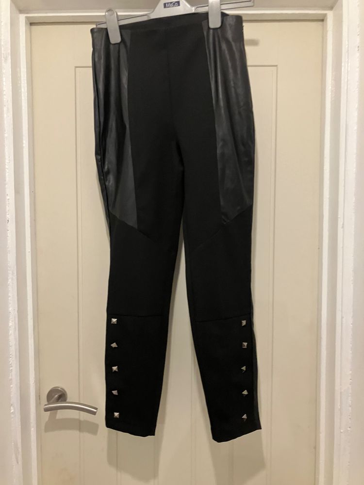Black Leggings With Faux Leather Panels And Stud Details
