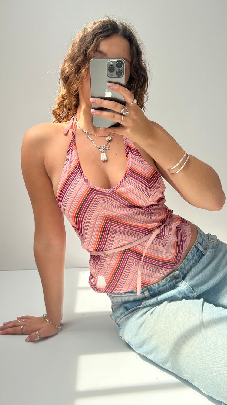Unknown 00s pink stripe mesh cami- size M product image