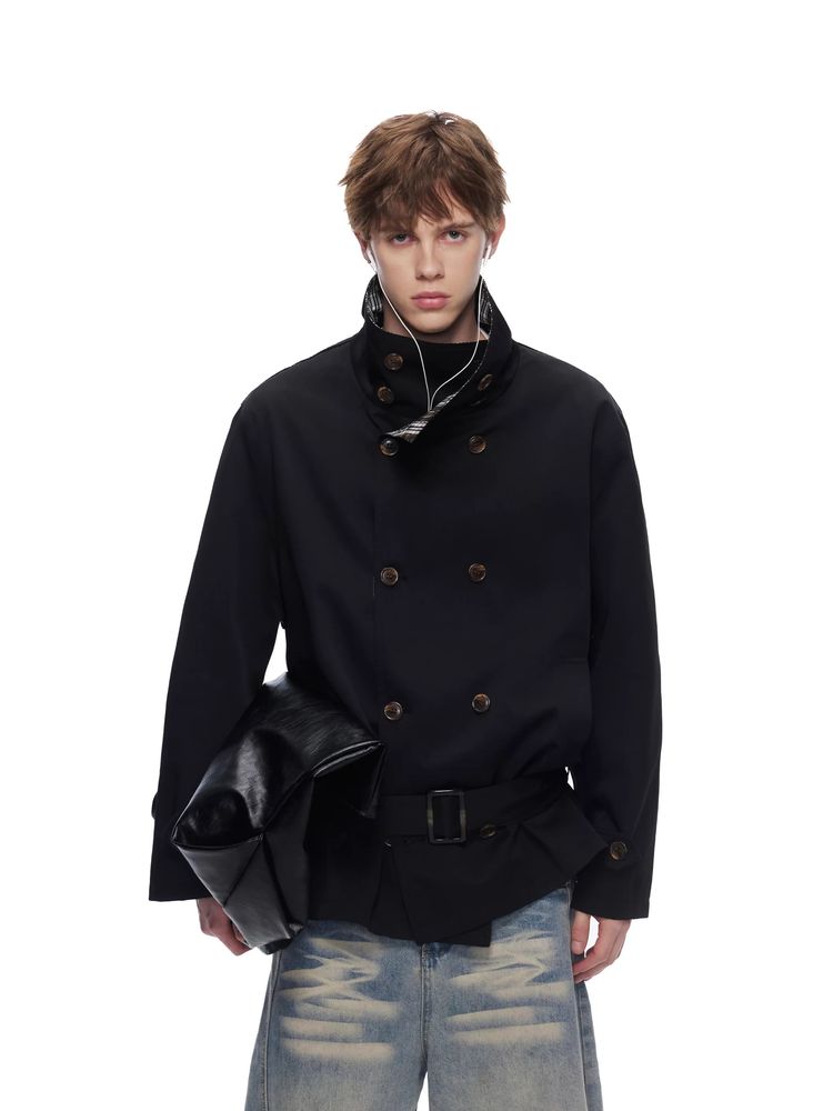 Black Double-Breasted Jacket With Belt