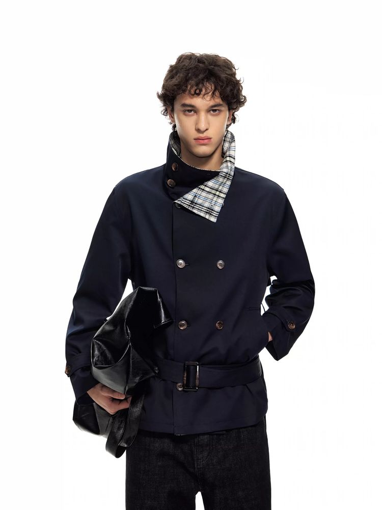 Black Double-Breasted Jacket With Belt image 2