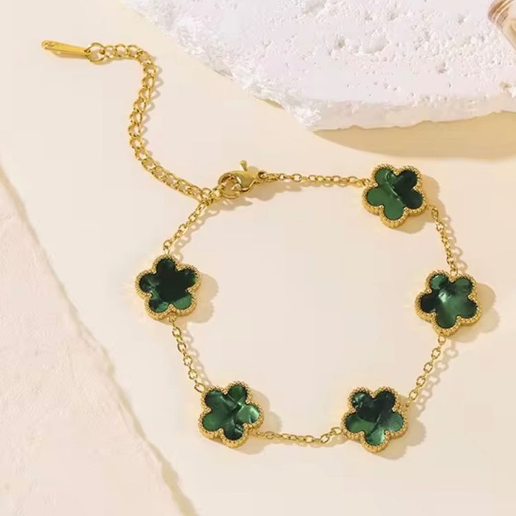 Gold Chain Bracelet With Green Clover Charms image 1