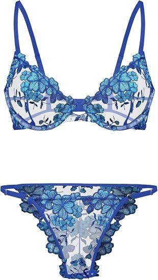 Blue Floral Lace Lingerie Set image 4